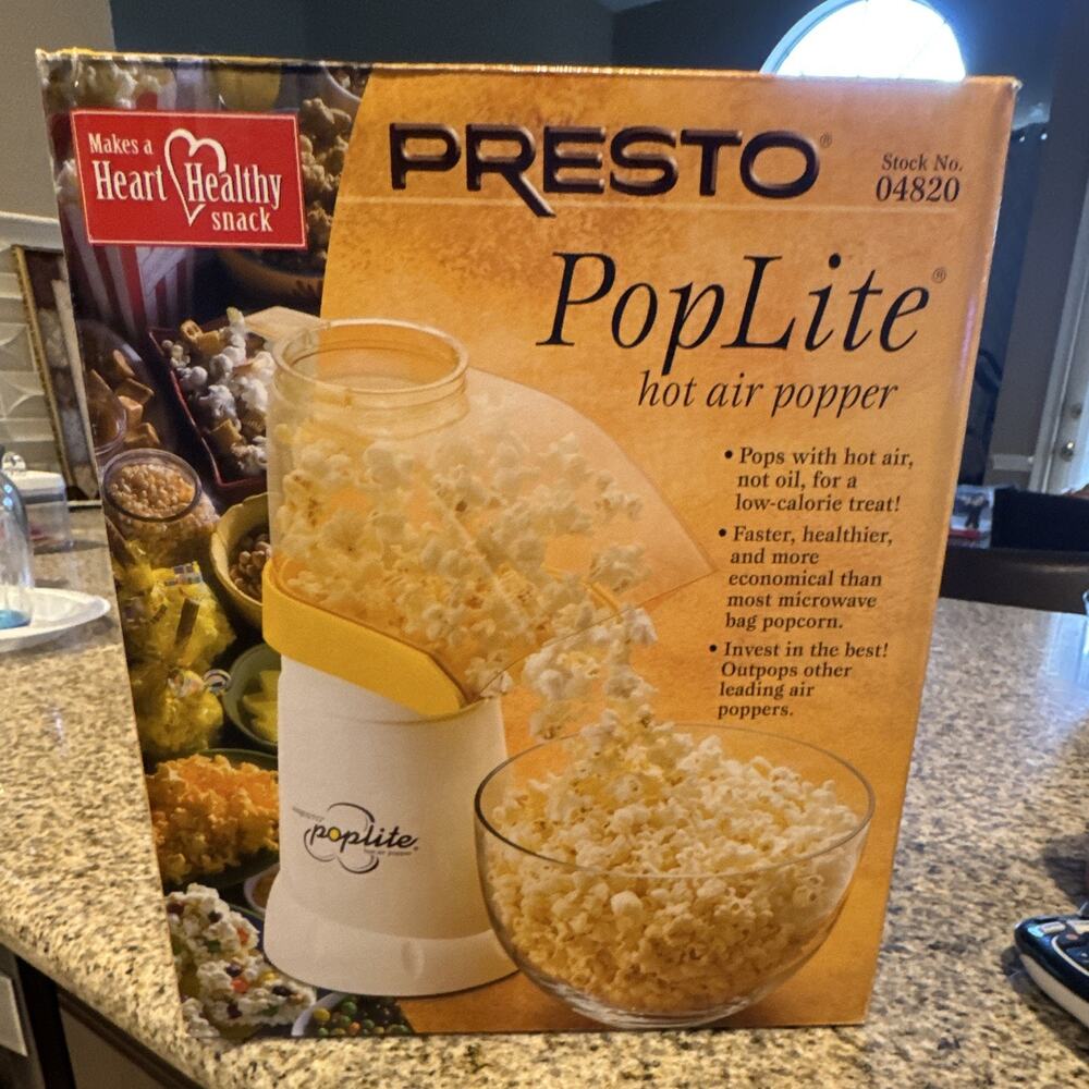 Presto PopLite 04820 Hot Air Popcorn Popper 18 Cup 1440W White/Yellow NEW Unopen